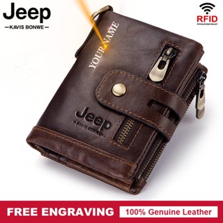 Jeep กระเป๋าสตางค์หนังวัวแท้ 100% RFID พร้อมสายโซ่คล้อง ขนาดเล็ก สไตล์นักธุรกิจ สําหรับผู้ชาย