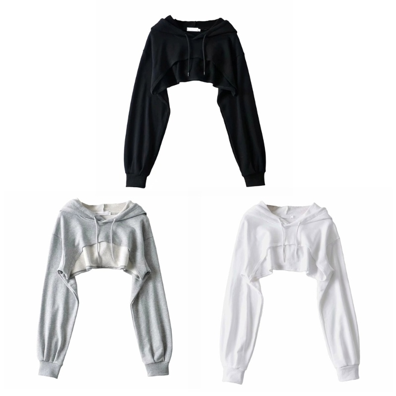 Diginityss ผู้หญิงแขนยาว Hoodie Crop Top Cutout สีทึบ Cropped Sweatshirt Cover Up