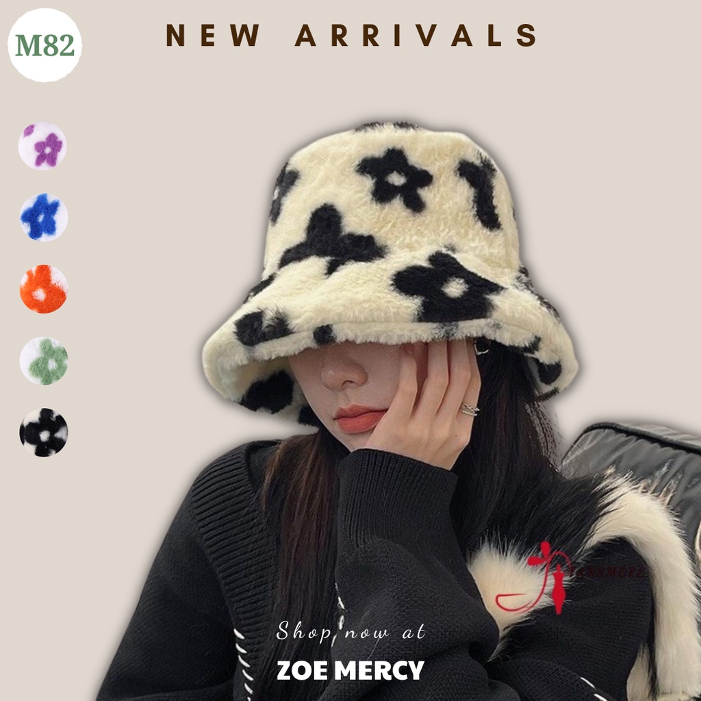 [AVAILABLE] หมวกบักเก็ตขนปุยสไตล์ Ulzzang ลายดอกไม้ (M82)