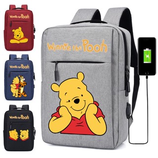 กระเป๋าเป้สะพายหลัง กระเป๋าเดินทาง กระเป๋าแล็ปท็อป ลาย Winnie The Pooh น่ารัก อินเตอร์เฟซ USB สําหรับผู้ชาย และผู้หญิง