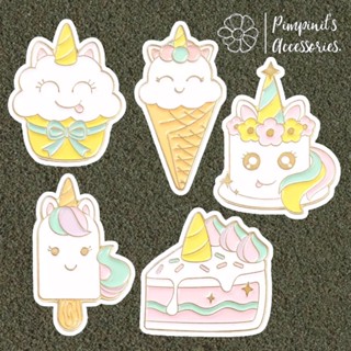 ʕ •ᴥ•ʔ ✿ พร้อมส่ง : เข็มกลัดเซ็ทยูนิคอร์นสีขาว x ขนมเค้กและไอศครีม | White Unicorn x Cake &amp; Ice Cream Enamel Brooch Pin