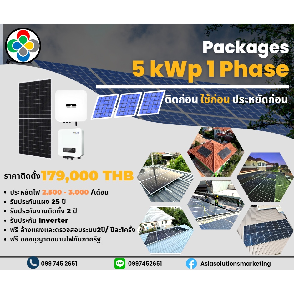 Package ติดตั้งระบบโซล่าเซลล์ (Solar roof) On- Grid 5 kWp HUAWEI inverter แผง Tier 1 รับประกันงานติดตั้ง 2 ปี