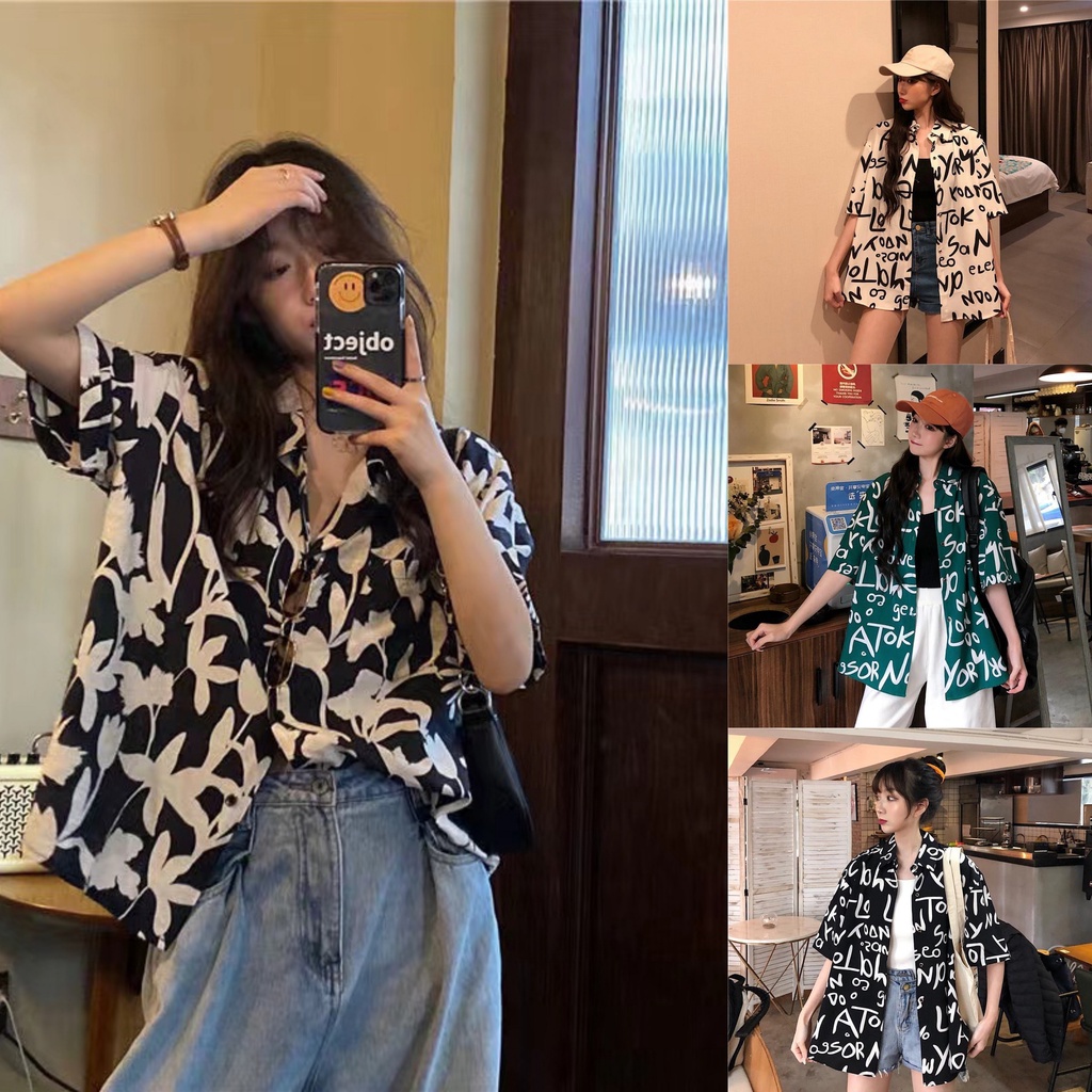 เสื้อเชิ้ตแขนสั้น คอปก ผ้าชีฟอง พิมพ์ลาย ทรงหลวม สไตล์ฮ่องกง อินเทรนด์เรโทร แฟชั่นฤดูร้อน สําหรับผู้หญิง มี 4 แบบ