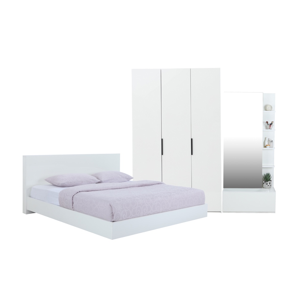 INDEX LIVING MALL ชุดห้องนอน รุ่นแมสซิโม่+แมกซี่ ขนาด 6 ฟุต (เตียงนอน(พื้นเตียงซี่)+ตู้เสื้อผ้า 3 บาน+โต๊ะเครื่องแป้ง) - สีขาว