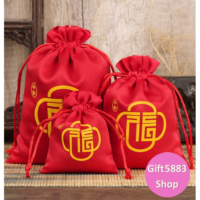 ถุงผ้าหูรูด ถุงผ้าแดงมงคล กำมะหยี่หูรูด ใส่ทอง ใส่เครื่องประดับ พระ ใส่ส้มตรุษจีน  ลายโชคดี ผ้าไหมจีน