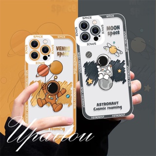 Upaitou Case🌞Compatible For iPhone 14 13 12 11 Pro Max X XR Xs Max 8 7 6 6s Plus SE 2020 เคสโทรศัพท์มือถือแบบนิ่ม TPU ใส กันรอยเลนส์กล้อง ลายนักบินอวกาศ ดวงจันทร์ สําหรับ