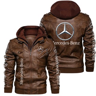 เสื้อแจ็กเก็ตหนัง ผ้าฟลีซ แบบหนา พิมพ์ลายโลโก้รถยนต์ benz กันลม ถอดออกได้ สําหรับผู้ชาย