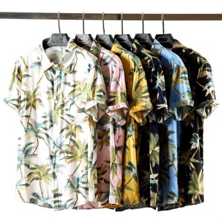 เสื้อเชิ้ตผู้ชาย แขนสั้น คอปก กระดุม เสื้อฮาวาย พิมพ์ลาย สีสันสดใส เสื้อแฟชั่นผู้ชาย เนื้อผ้านิ่ม สวมใส่สบาย ไม่อับชื้น