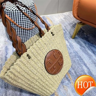 ♟♦✐【Free Shipping】Cowhide Genuine Tory Burch Summer Vacation Handbag Classic Straw Tote Bag Beach Vegetable Basket Bag