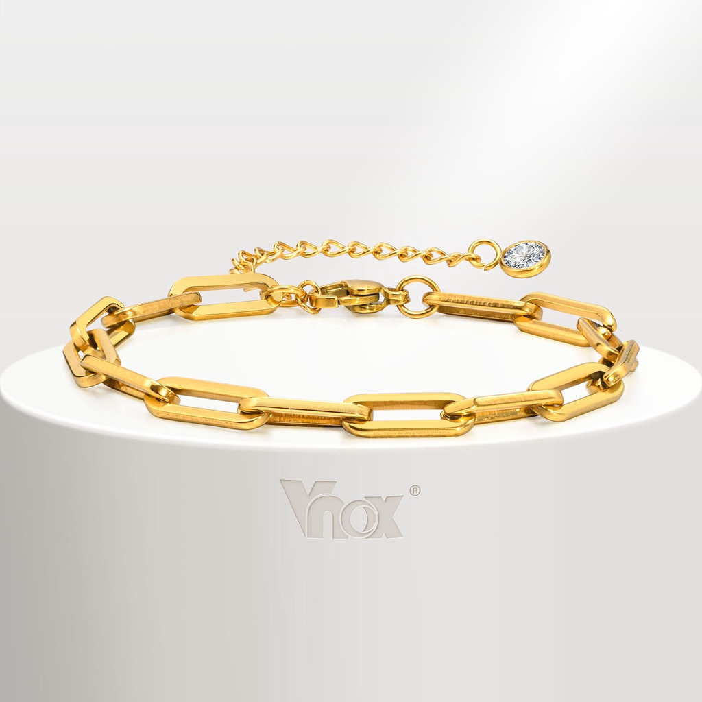 Vnox สร้อยข้อมือโซ่ สเตนเลส 18K ประดับเพทาย 5 มม. สําหรับผู้หญิง