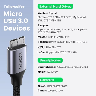 Ugreen สายเคเบิล Micro USB 3.0 USB 3.0 A เป็น Micro B ไนล่อนถัก ฮาร์ดไดรฟ์ภายนอก สําหรับ Samsung Galaxy S5 Note 3 Pro 12.2 ดิจิทัลตะวันตก Toshiba My Passp