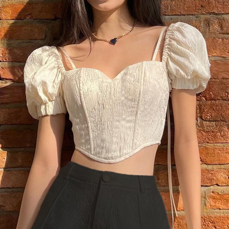 เสื้อครอปสตรี คอปาด แขนสั้น ผูกคอ Ruched Irregular เสื้อเชิ๊ตสำหรับสุภาพสตรี