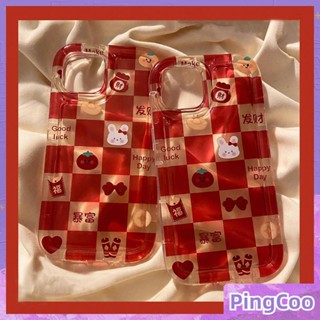 PingCoo - Case For iPhone 14 13 12 11 Plus Pro Max XR TPU Soft Jelly Airbag Clear Case Red Checkerboard Cute Rabbit Camera Protection Shockproof Back Cover