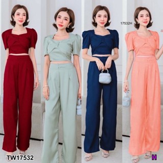 17532 Set 2 ชิ้น เสื้อทรงครอป อกแต่งโบว์ + กางเกงขายาว Cropped top with bow tie + long pants