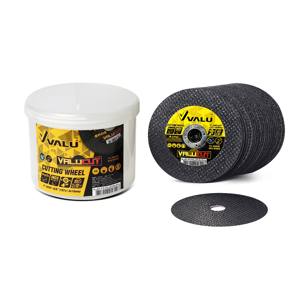 ใบเจียรตัดเหล็ก 4" X 1 MM. VALU CUT / 25 PCS VALU แผ่นตัดเหล็ก หนา 1 มม. สำหรับตัดเหล็ก วัสดุที่ผลิต