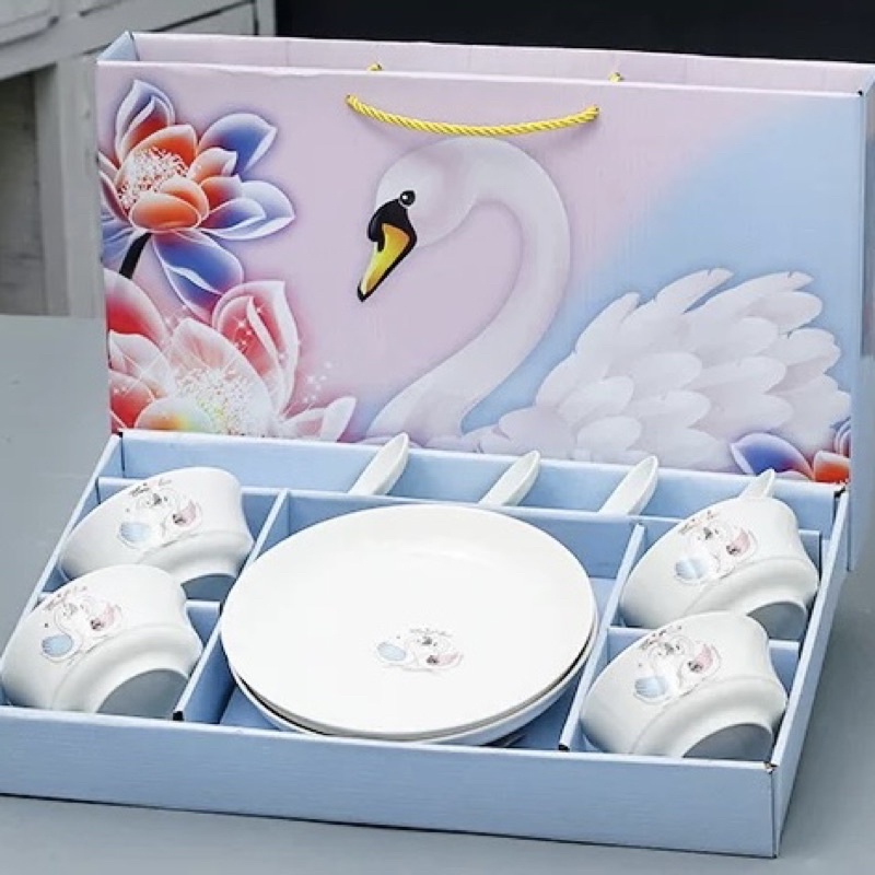 BAIFA ชุดจานชามเซรามิค ลายหงส์คู่รัก ชามลายเซรามิกกระเบื้อง 1เซ็ตมี 10ชิ้น