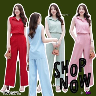 👗Pfashion [ส่งไว!!🚛] P18271 Set 2 ชิ้น เสื้อเชิ้ตปกเชิ้ตแขนกุด + กางเกงขายาว ..