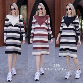 🌈🌿🌸🌼🌺🤎❤️🇰🇷Knit Stripe OFS Long Sleeve Dress