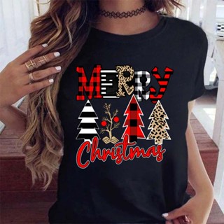 ผู้หญิงเสือดาวลายสก๊อตต้นไม้ใหม่ปีฤดูหนาวน่ารัก Merry Christmas พิมพ์เสื้อ Tshirts Top เสื้อ T สุภาพสตรีกราฟิกหญ 471