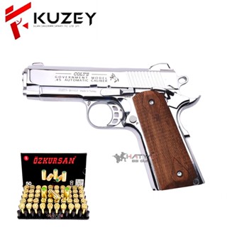 แบลงค์กัน KUZEY M1911 4”นิ้ว COLT GOVERMENT.45 100 ปี สีเงินเงา ด้ามไม้ แถมลูก 1กล่อง ผู้ซื้ออายุ 21 ปีขึ้นไป  ,ของเล่น