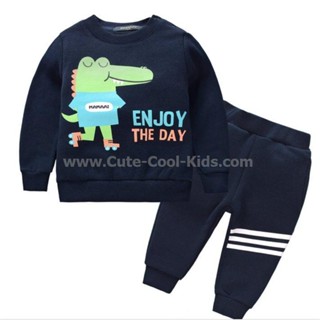 PJK-233 ชุดเด็ก ผ้าหนา สีน้ำเงินลายไดโน Size-110 (4-5Y)