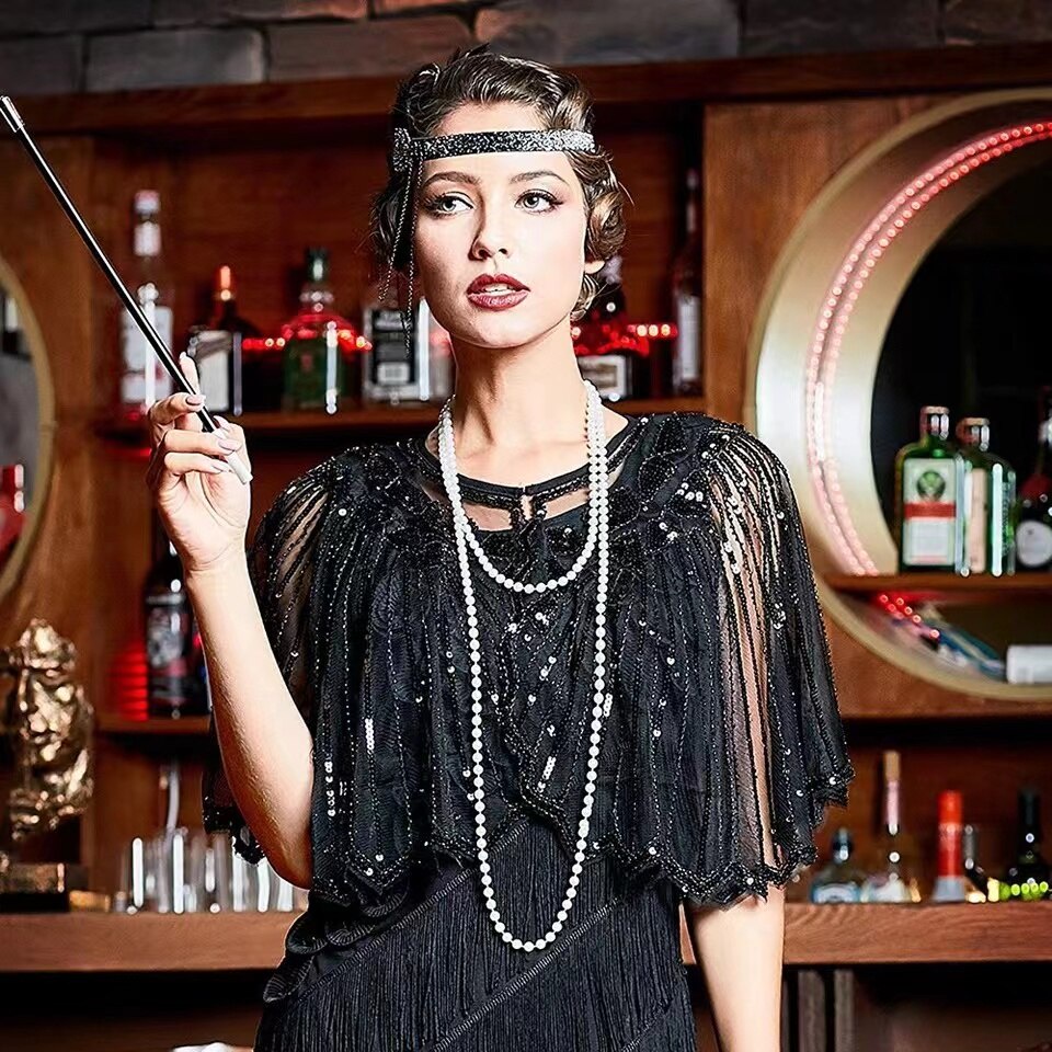 Vintage 1920s Flapper ผ้าคลุมไหล่เลื่อมลูกปัดสั้น Cape ลูกปัดตกแต่ง Gatsby Party ตาข่ายสั้น Cover Up Dress อุปกรณ์เสริม