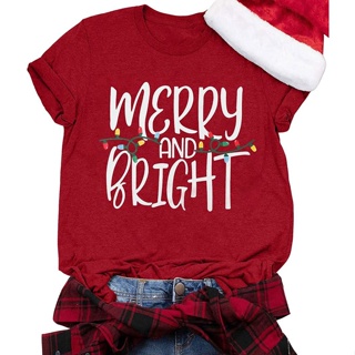Merry and Bright Shirts Merry Christmas Shirts for Women Christmas Graphic Tee Shirts DW423เสื้อยืดผู้หญิง