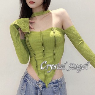 Crystal เสื้อครอป เสื้อแฟชั่นผู้หญิง สีพื้น สําหรับผู้หญิง ใส่ไปคลับ ปาร์ตี้ 121407