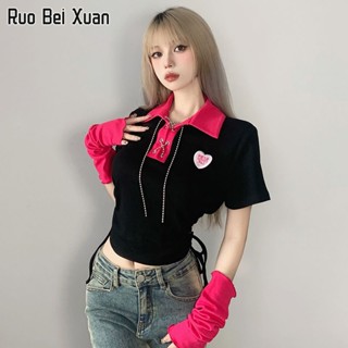 RUO BEI XUAN เสื้อยืดแขนสั้นคอโปโลสตรีสไตล์เกาหลีมีเชือกผูกเอวเข้ารูปพอดีตัว