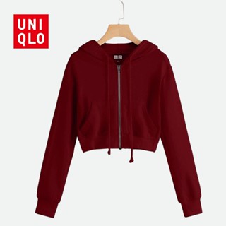 【5 สี】Uniqlo เสื้อกันหนาวมีฮู้ดผู้หญิงแฟชั่นลำลองครอปเสื้อกันหนาวมีฮู้ดกลางแจ้ง