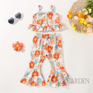 Babygarden-1-5 ปี ชุดเสื้อผ้าเด็กผู้หญิง, ฤดูร้อน เสื้อสายเดี่ยว แขนกุด ลายดอกไม้ แต่งระบาย + กางเกงบาน ลําลอง