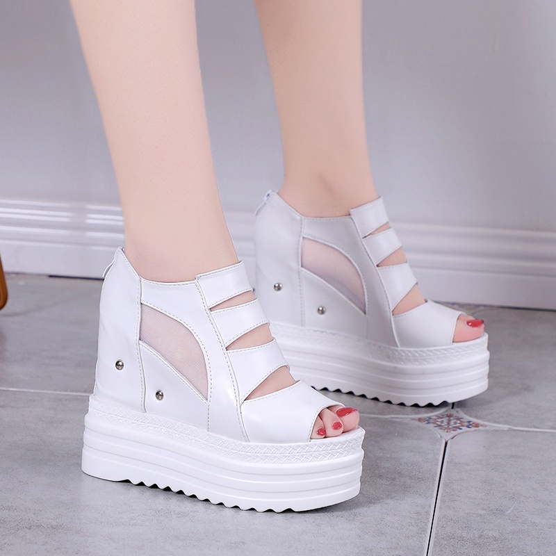 ปากปลาผู้หญิง Wedges รองเท้าแตะ 12 ซม.รองเท้าส้นสูงลาดรองเท้าแตะ Shorty Heighten รองเท้าแตะ