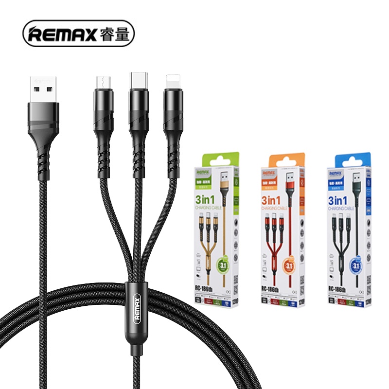 สายชาร์จ remax 3in1 rc 186th สำหรับ ip / Micro / Type c usb 3.1A（รับประกัน 1 ปี）188 สายเคเบิลข้อมูลแบบถัก แข็งแรงทนทาน