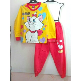 L-PJG-304 ชุดนอนเด็ก สีเหลือง+ชมพุ ลายแมว Size-130 (6-7Y)