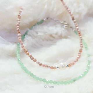 QIHAUS -สร้อยข้อมือหิน โรโดโครไซต์ มุก x หยก เรียบ (Rhodochrosite Pearl x Jade)/ สร้อยข้อมือ/ กำไลหิน/ กำไลมินิมอล