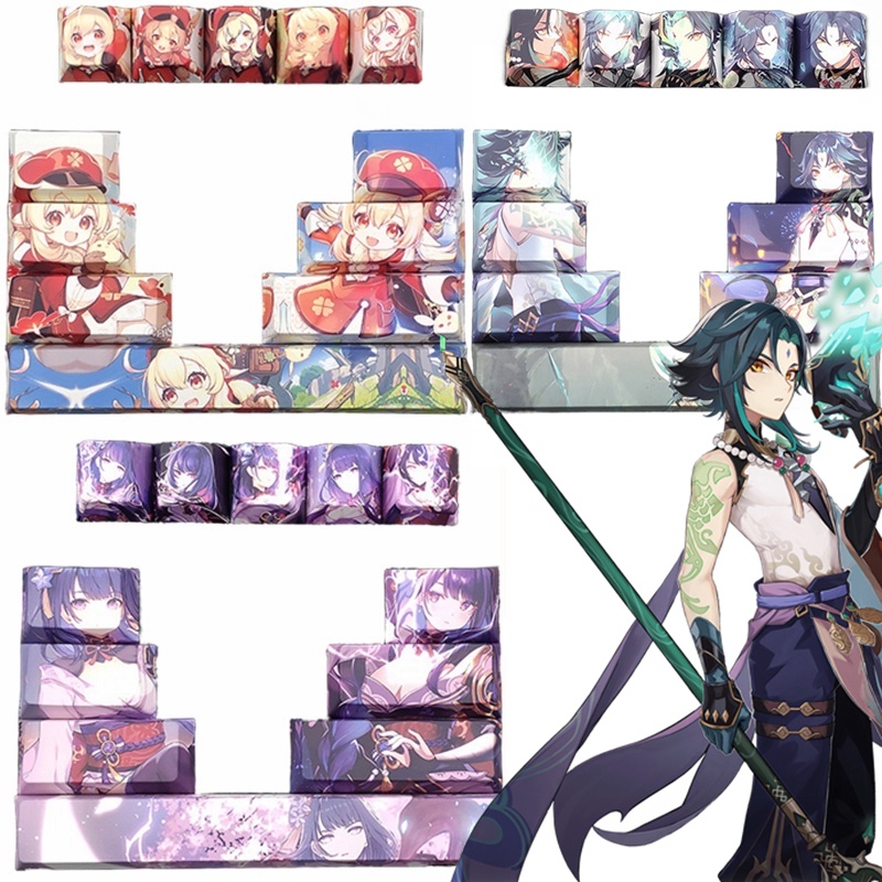 คอลเลกชันใหญ่12pcs Genshin Impact Anime Keycaps Cherry PBT Mechanical Keycaps DIY Cool Frieren Gengar Miku Luffy Zoro Kaneki Ken Bronya Hutao Keqing Yae Miko Miku Keycaps