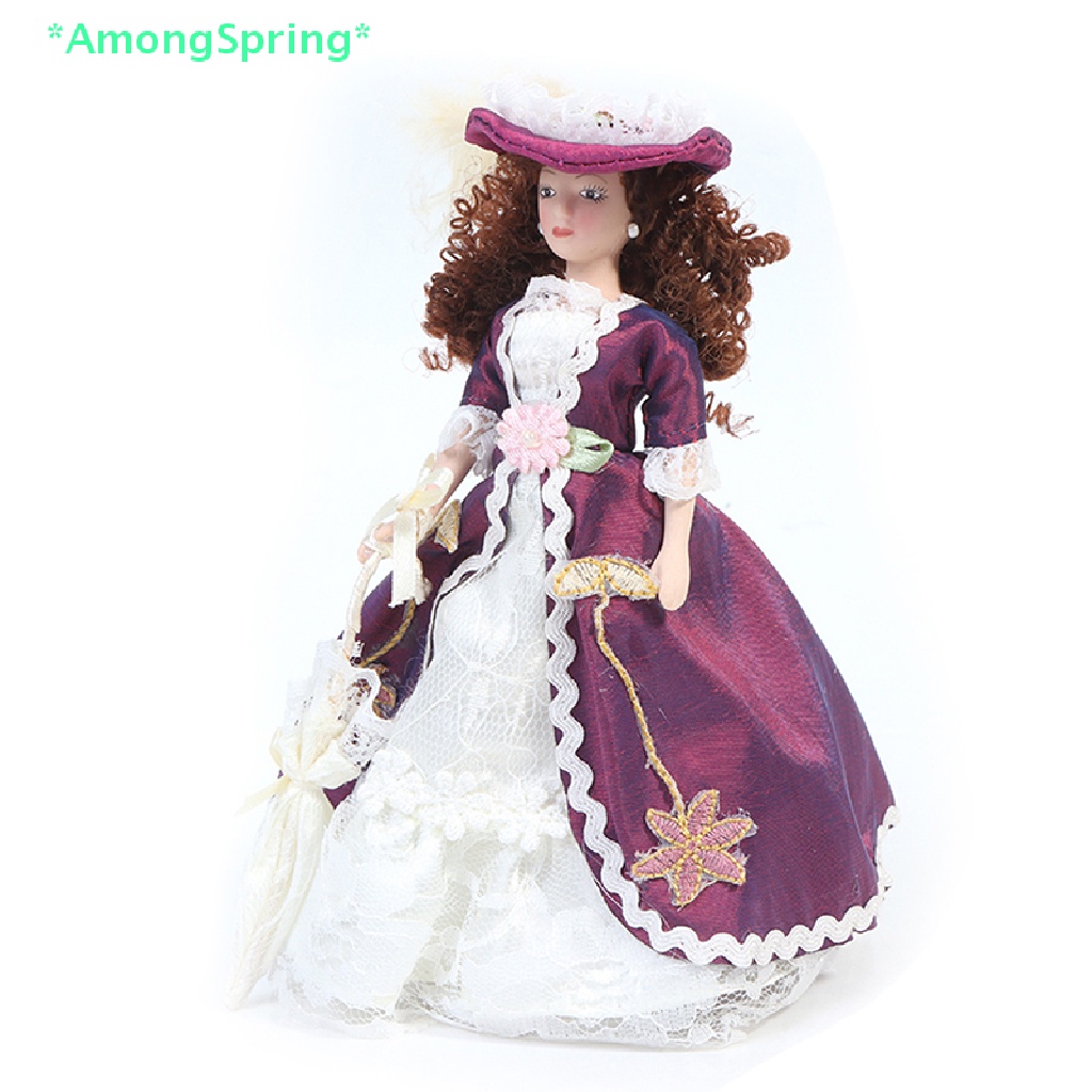 AmongSpring> 1:12 Dollhouse Miniature Porcelain Dolls Victorian Miss Purple Dress Hat Lady new