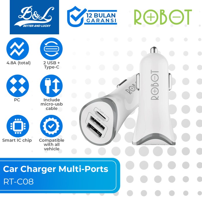ROBOT 3 พอร์ต USB + Type C 4 8A RT C08 อเนกประสงค์ U5E3 Fast Charging Car Charger ล่าสุด simple พรีเ