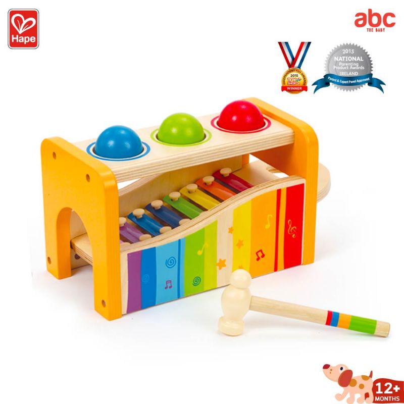 Hape - Toddler Music เครื่องตีจังหวะดนตรี Pound and Tap Bench (12M+) Xylophone ค้อนตีลูกบอล - E0305