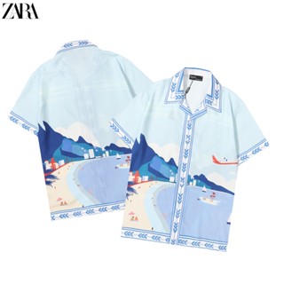 เสื้อเชิ้ตแขนสั้นลําลอง คอปก ทรงหลวม พิมพ์ลาย ZARA เหมาะกับเดินชายหาด แฟชั่นสตรีท สําหรับผู้ชาย และผู้หญิง