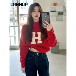 CANNUP เสื้อครอป สีแดง  เสื้อสเวตเตอร์คอกลมแขนยาว 2023 ปีใหม่ A21K014