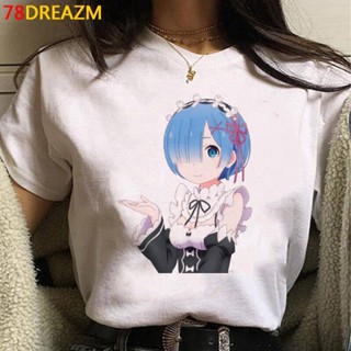 เสื้อขาว - อะนิเมะ Re Zero Kara Hajimeru Isekai Seikatsu เสื้อยืดผู้หญิง Kawaii Rem Ram กราฟิก Tees_37