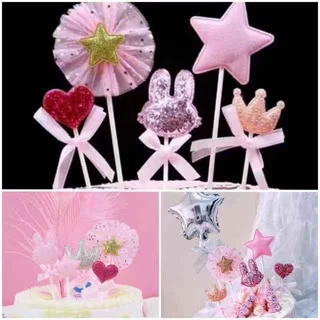 ป้ายปักเค้ก CAKE ป้ายตกแต่งเค้ก Happy Birthday อุปกรณ์ตกแต่งเค้กรูปหัวใจดาวมงกุฎกระต่าย5ชิ้น C26