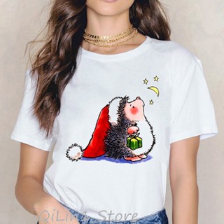 Merry Christmas T-SHIRT เสื้อยืดผู้หญิงพิมพ์ลายเม่นคริสต์มาสเสื้อยืดของขวัญวันเกิดคริสต์มาส