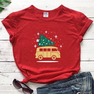 เสื้อยืดคริสต์มาส Christmas Tree and Truck Colored   Winter Xmas  Tops Tees Tshirt  Holiday T-shirt Women xmas