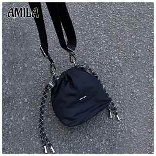 AMILA เดิมออกแบบถุงร่อซู้ล Drawstring ไนลอนสาวเย็นมินิกระเป๋าใบเล็กสำหรับออกไปเที่ยวลายทางขาวดำ