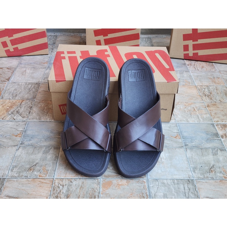 FITFLOP ORIN CROSS SLIDES LEATHER CHOCO
