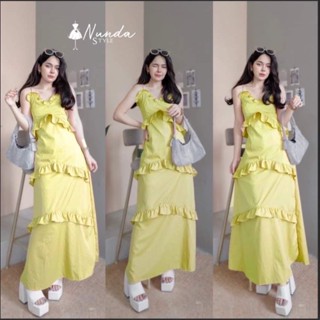 เดรสสายเดี่ยว แต่งระบาย ช่วงกระโปรงแต่งระบาย2ชั้น สม็อคด้านหลัง