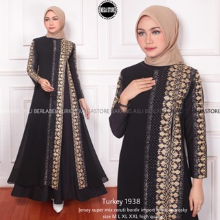 Gamis Abaya Turkey 1938 ชุดเดรส สไตล์มุสลิม ปักลาย สีดํา สําหรับผู้หญิง