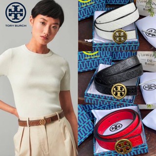 💕Tory burch Midnight with Tag Logo Monogram Embossed Leather Belt